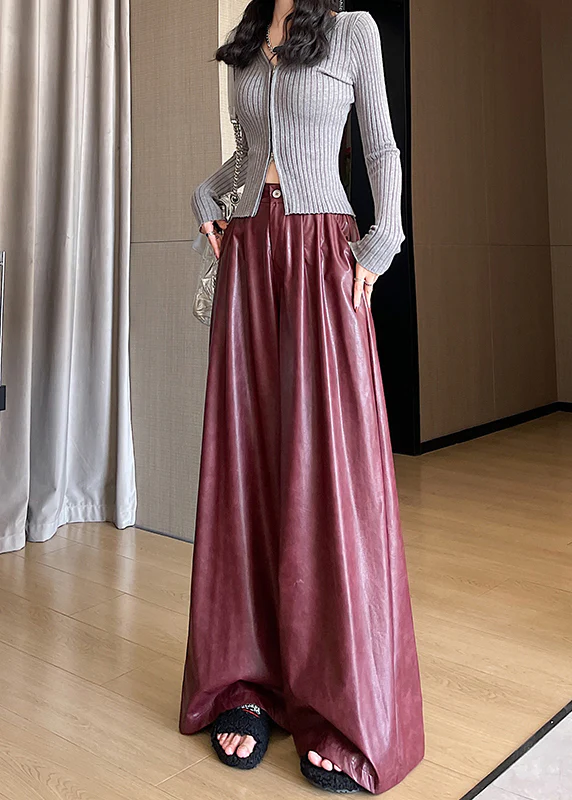 Italian Red Pocket High Waisted Wide Leg Pants Spring