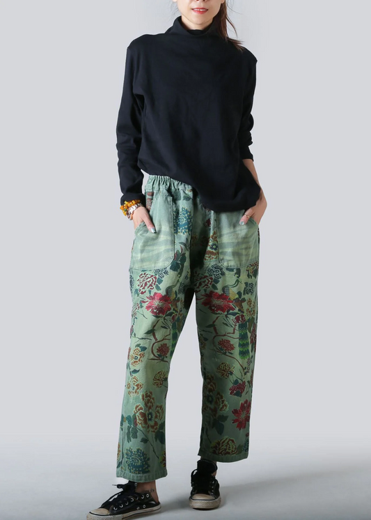 Pocket Printed Trousers Straight Leg Denim Stretch Waist