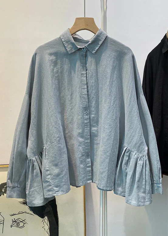 Women's Loose Blue Buttoned Wrinkled Cotton Shirt Spring