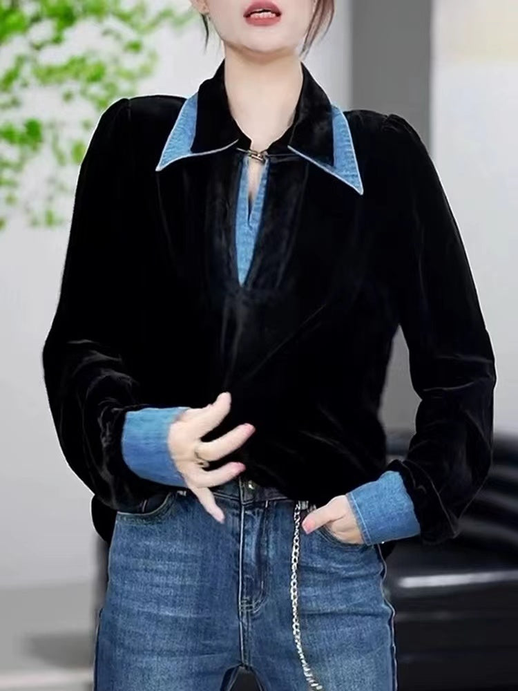 Elegant Denim Patchwork Velvet Blouse Top