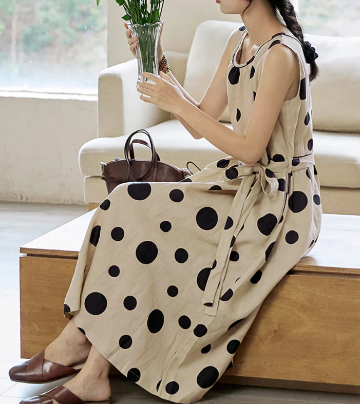 Women's Polka Dot Drawstring Linen Vest Dress