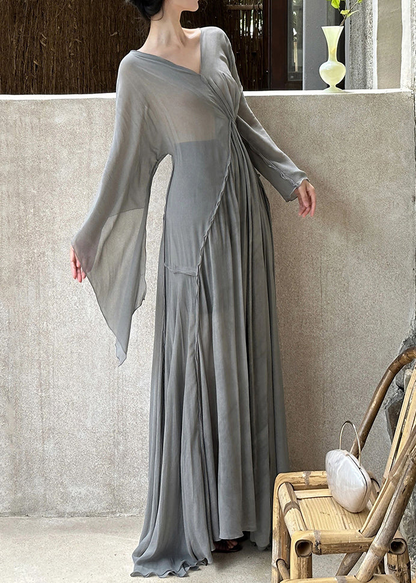 French V-neck crinkled cotton long-sleeve asymmetric dress