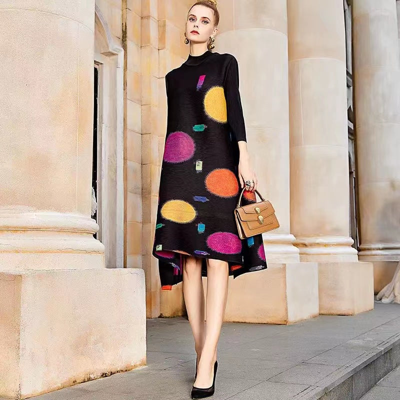 Elegant Standing Collar Printed Long Sleeve Dress