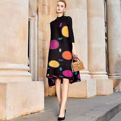 Elegant Standing Collar Printed Long Sleeve Dress