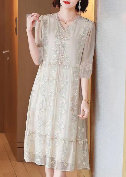 Women's Embroidered Lace Ruffle Silk Half Sleeve Dress Spring