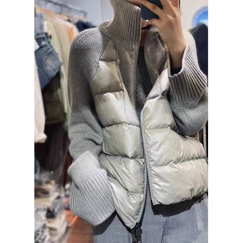 High neck zipper knit patchwork jacket