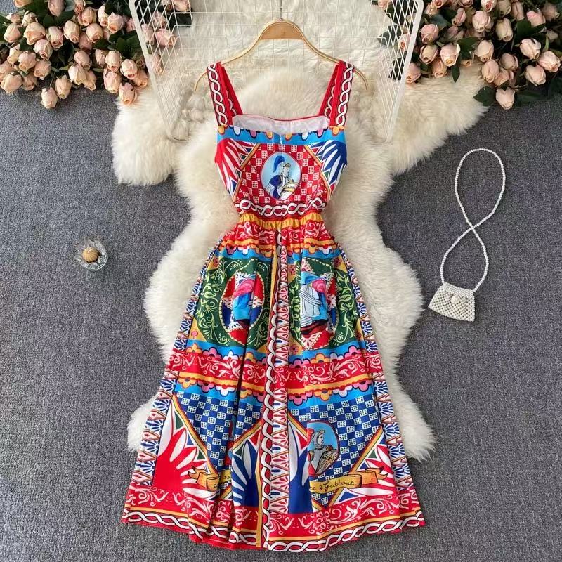 Women's Casual Pattern Patchwork Square Neck Sleeveless Long Dresses