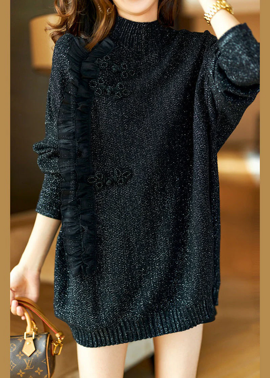 Women's Turtleneck Ruffle Patchwork Knit Sweater