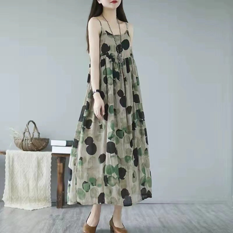 Halter Printed Polka Dot Cotton Linen Long Dress