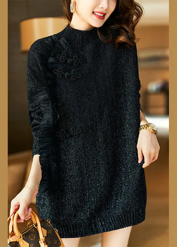 Women's Turtleneck Ruffle Patchwork Knit Sweater