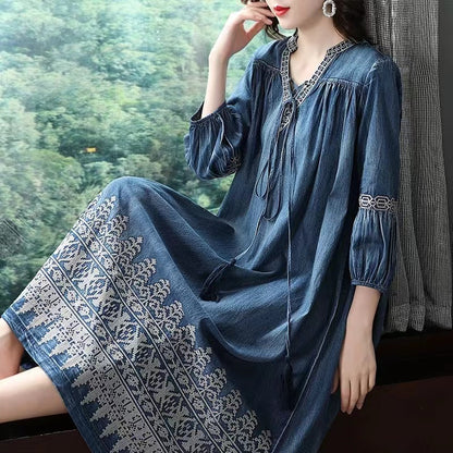 French V-Neck B Tie Patchwork Embroidered Denim Dress