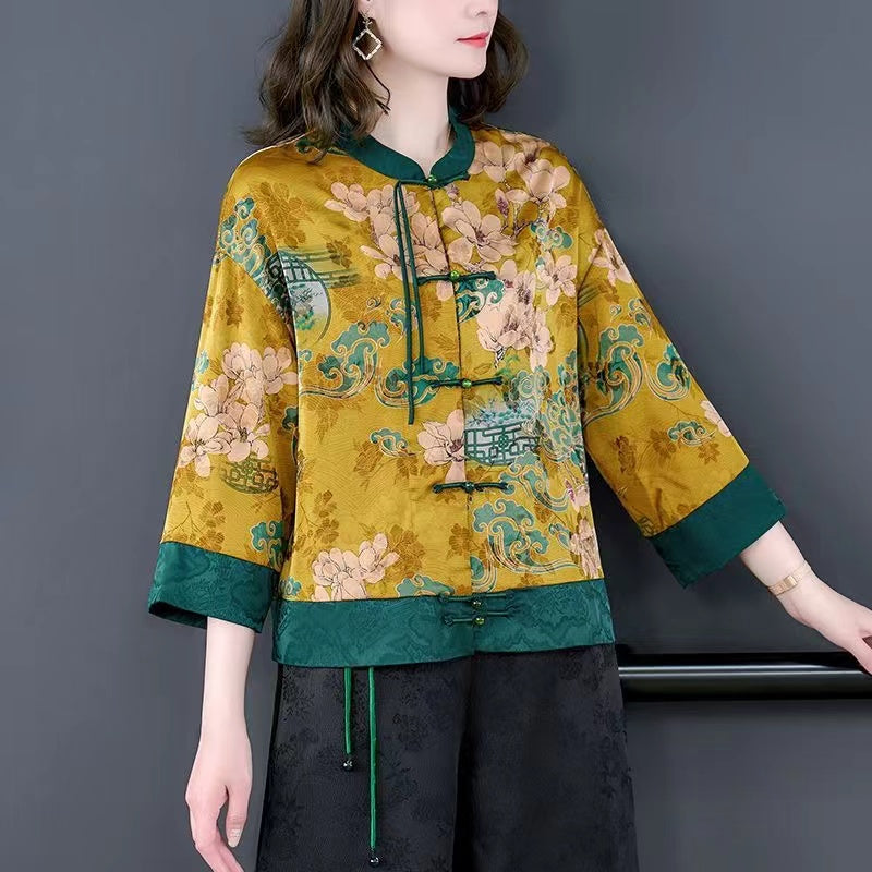 Chinese Style Printed Color Clashing Button Shirt Top