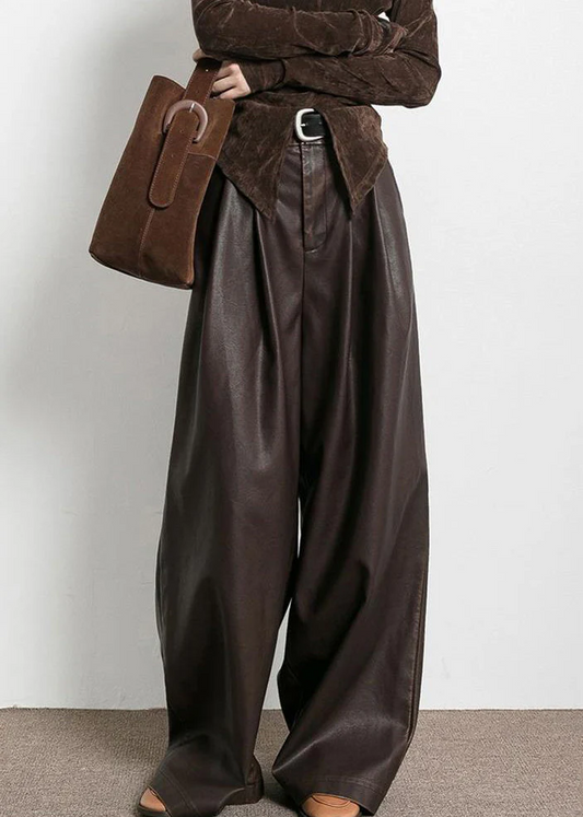 Women's Large Size Pocket High Waist Faux Leather Pants