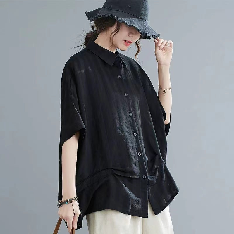 Casual Lapel Stand Collar Linen Shirt Batwing Sleeve Top