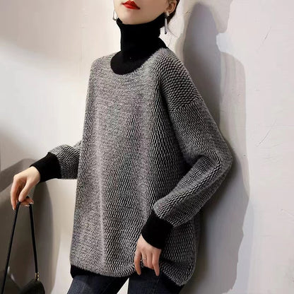 High Collar Colour Clash Thickened Bottom Sweater Top