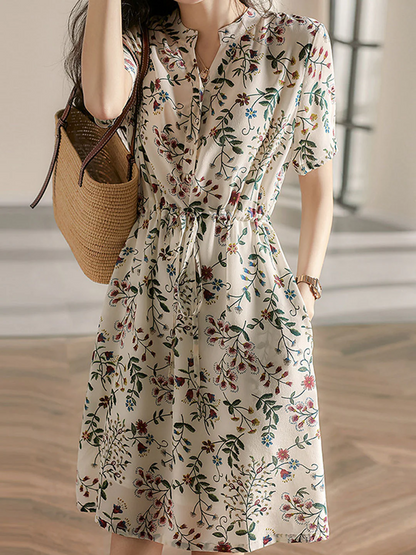 Elegant Printed Drawstring Chiffon Short Sleeve Dress