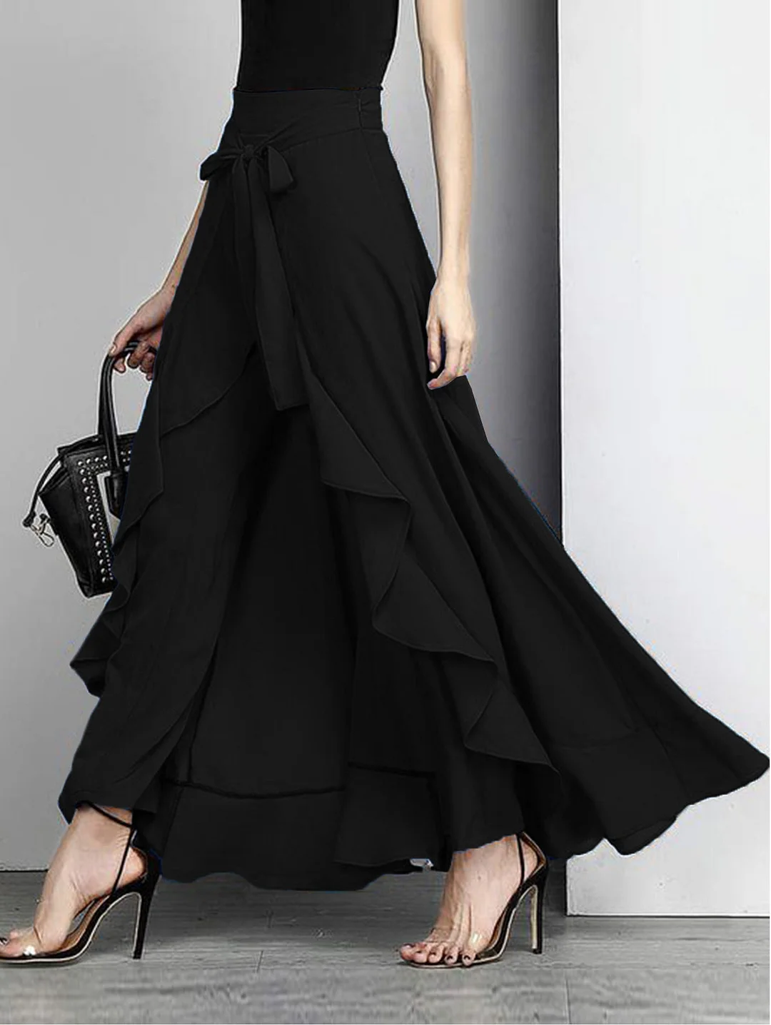 Loose High Waisted Spliced Ruffle Wide Leg Pants