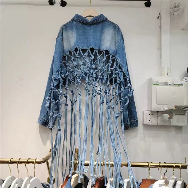 Denim Mesh Fringe Long Sleeve Jacket