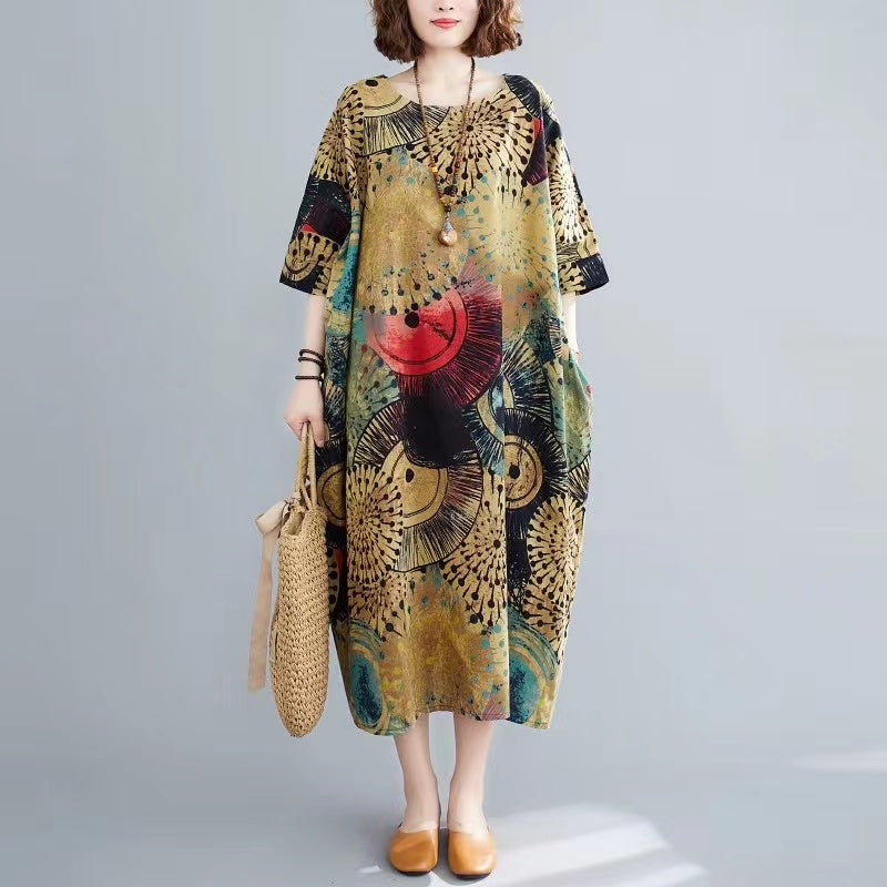 Loose Round Neck Printed Linen Dress