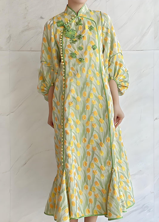 Women's Embroidered Button Silk Long Dress Spring