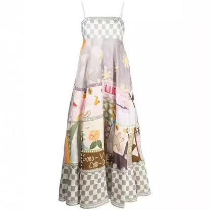 Elegant Suspenders Graffiti Printed Swing Skirt Dresses