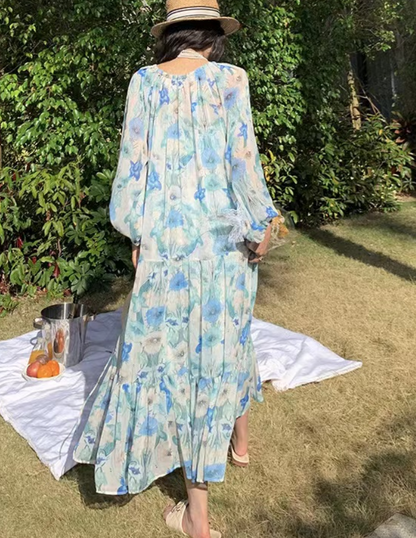 Elegant V-Neck Printed Beach Long Sleeve Long Dresses