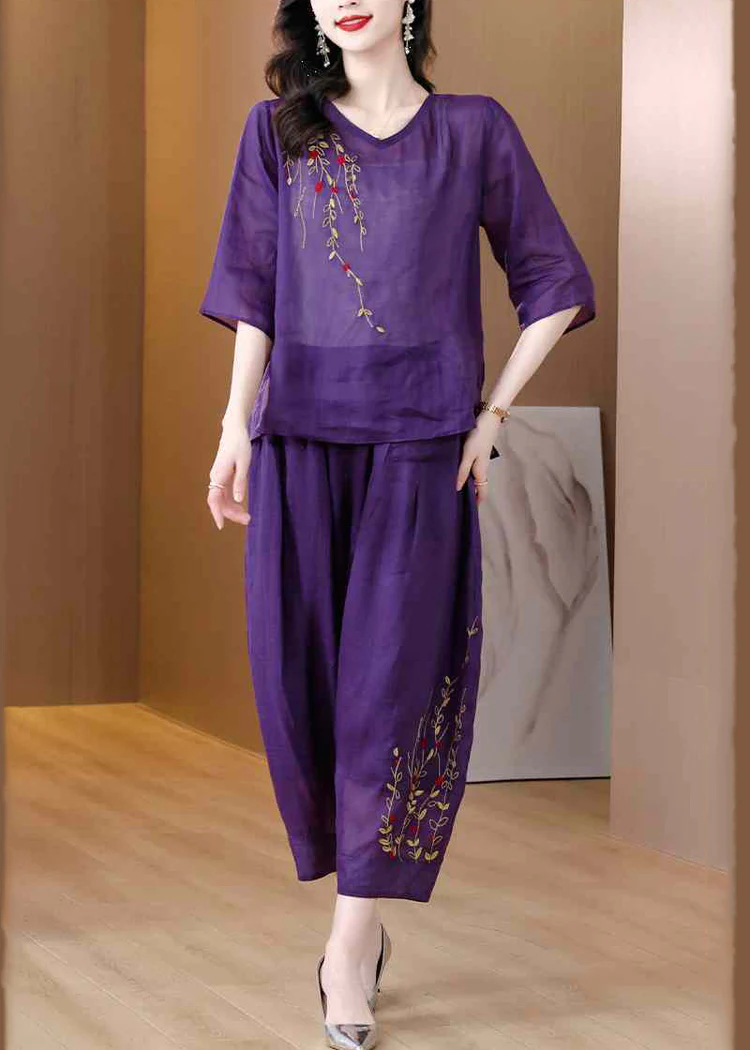 Loose Linen Two Piece Suit Set Embroidered Half Sleeve