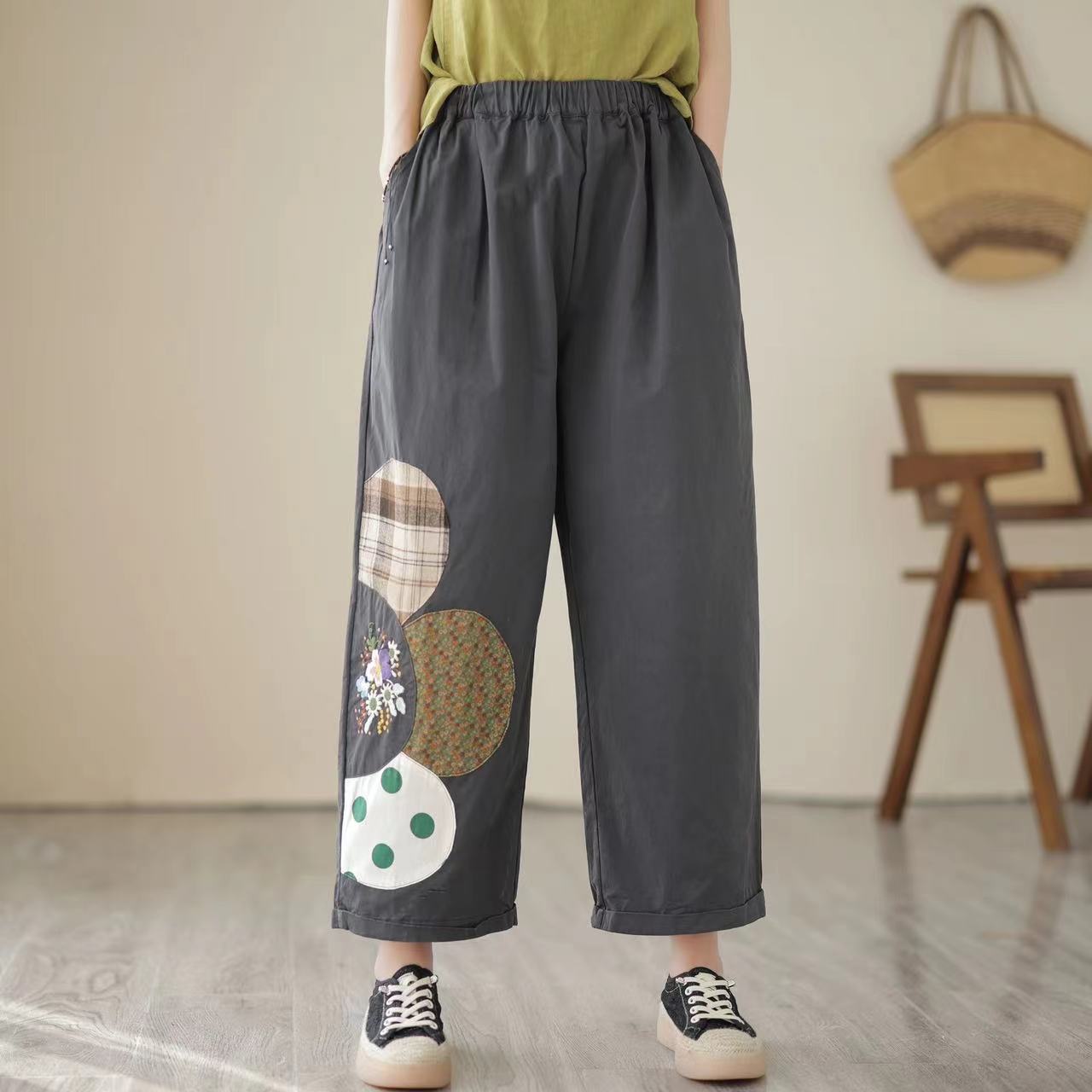 Casual Embroidered Patch Wide Leg Pants