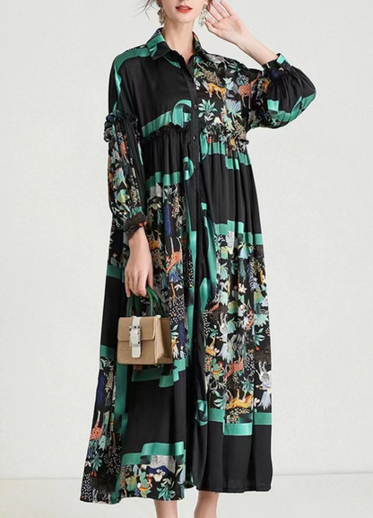 French Print Lapel Long Sleeve Cardigan Dress