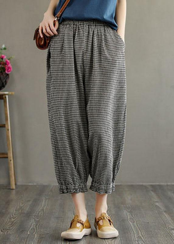 Casual plus size plaid pocket linen pants