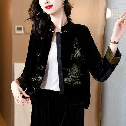 Women's Plus Size Velvet Cardigan Embroidered Patchwork Top