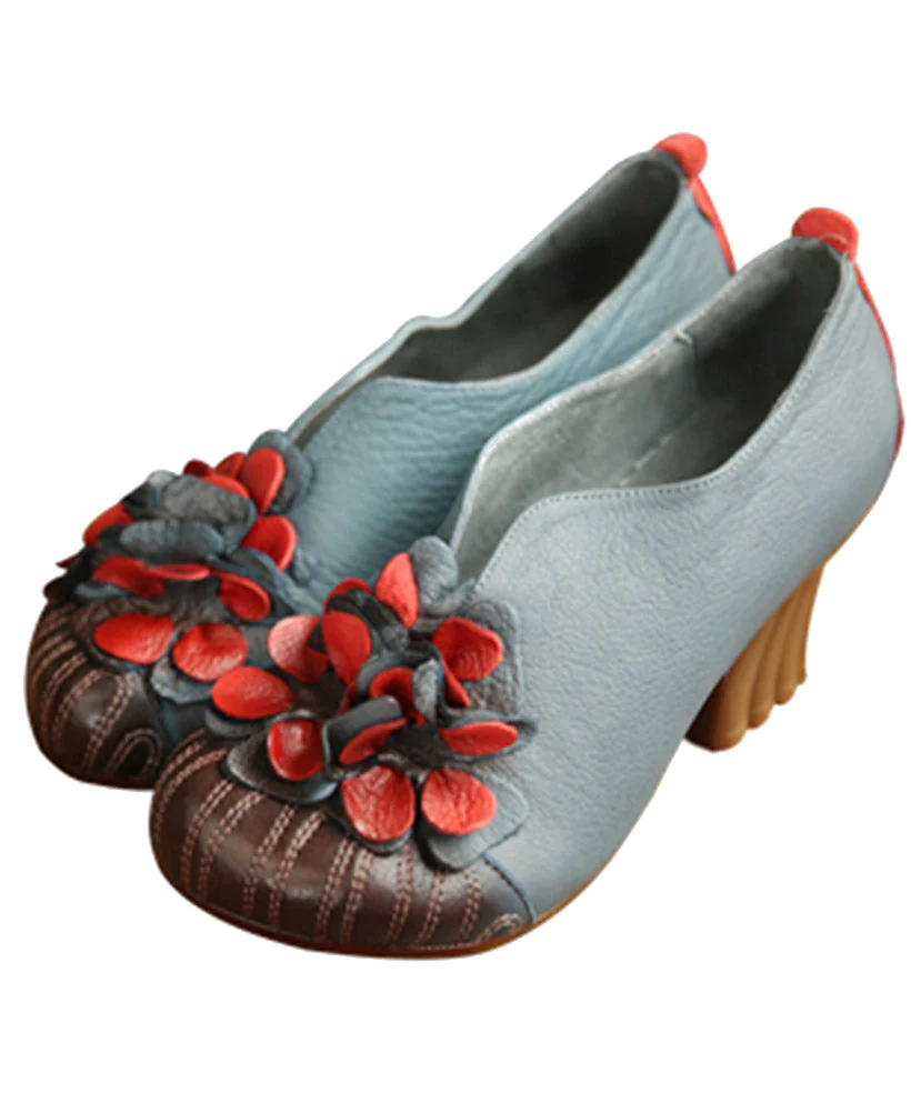 Cowhide Leather Shoes Flower Patchwork Chunky Heeled Shoes