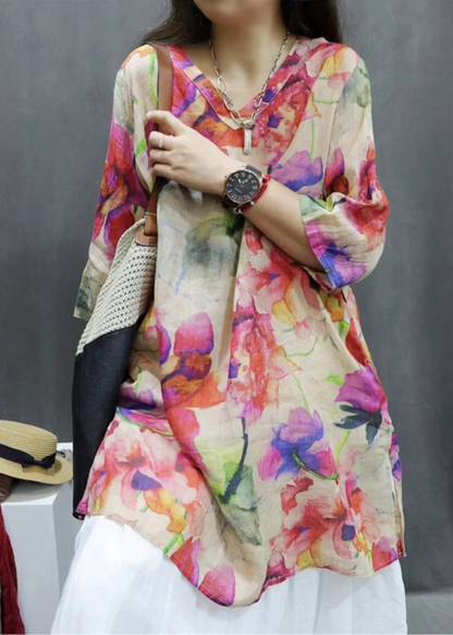 Chinese V-Neck Printed Asymmetric Linen Short Sleeve Shirt