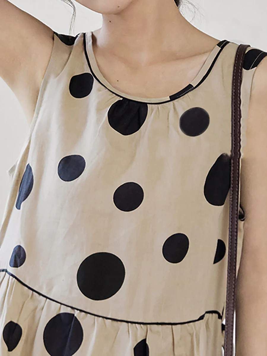 Women's Polka Dot Drawstring Linen Vest Dress