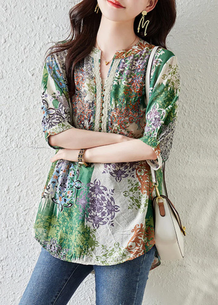 Women's Plus Size Green V-Neck Printed Shirt Summer