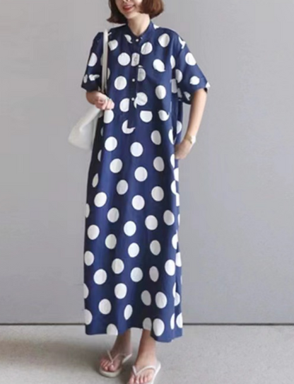 Women's Loose Polka Dot Printed Short Sleeve Shirt Dresses