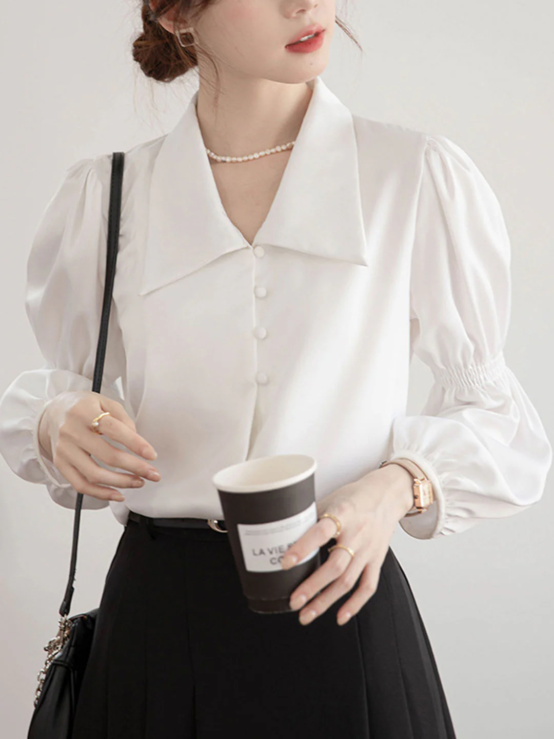 Elegant Lantern Sleeve Long Sleeve Lapel Blouse Top