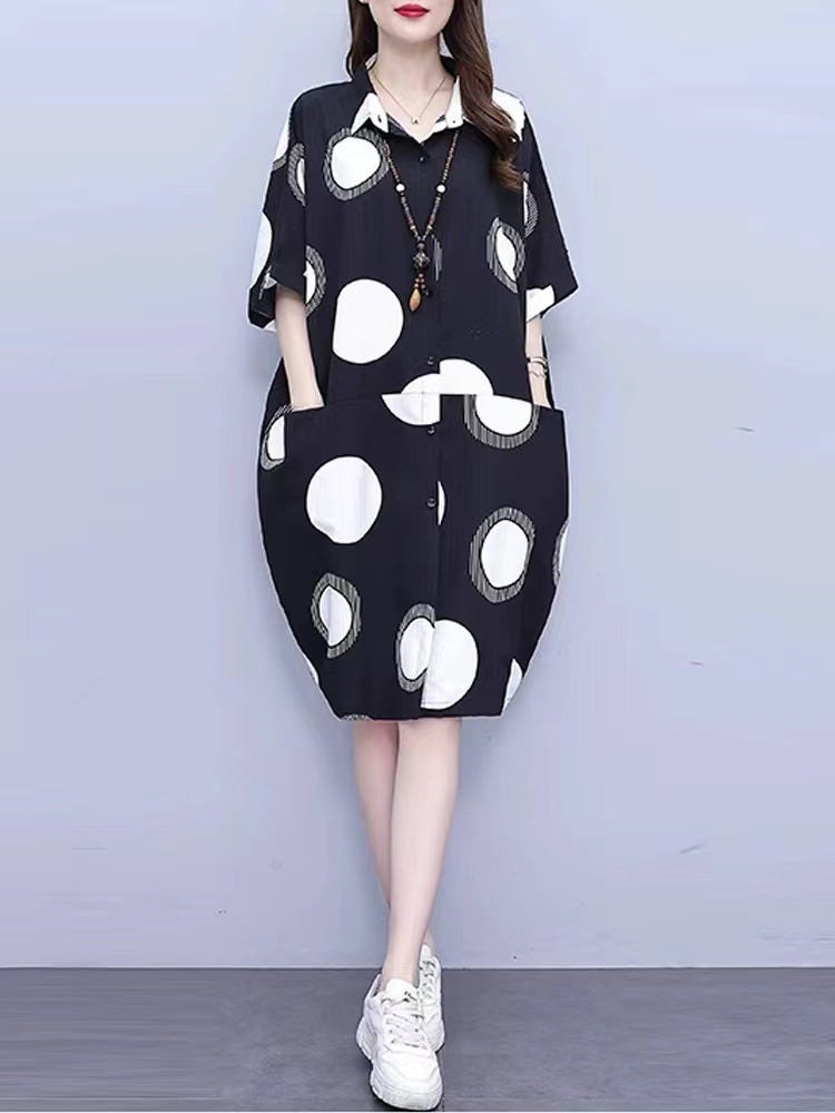 Loose Polka Dot Print Short Sleeve Shirt Dress