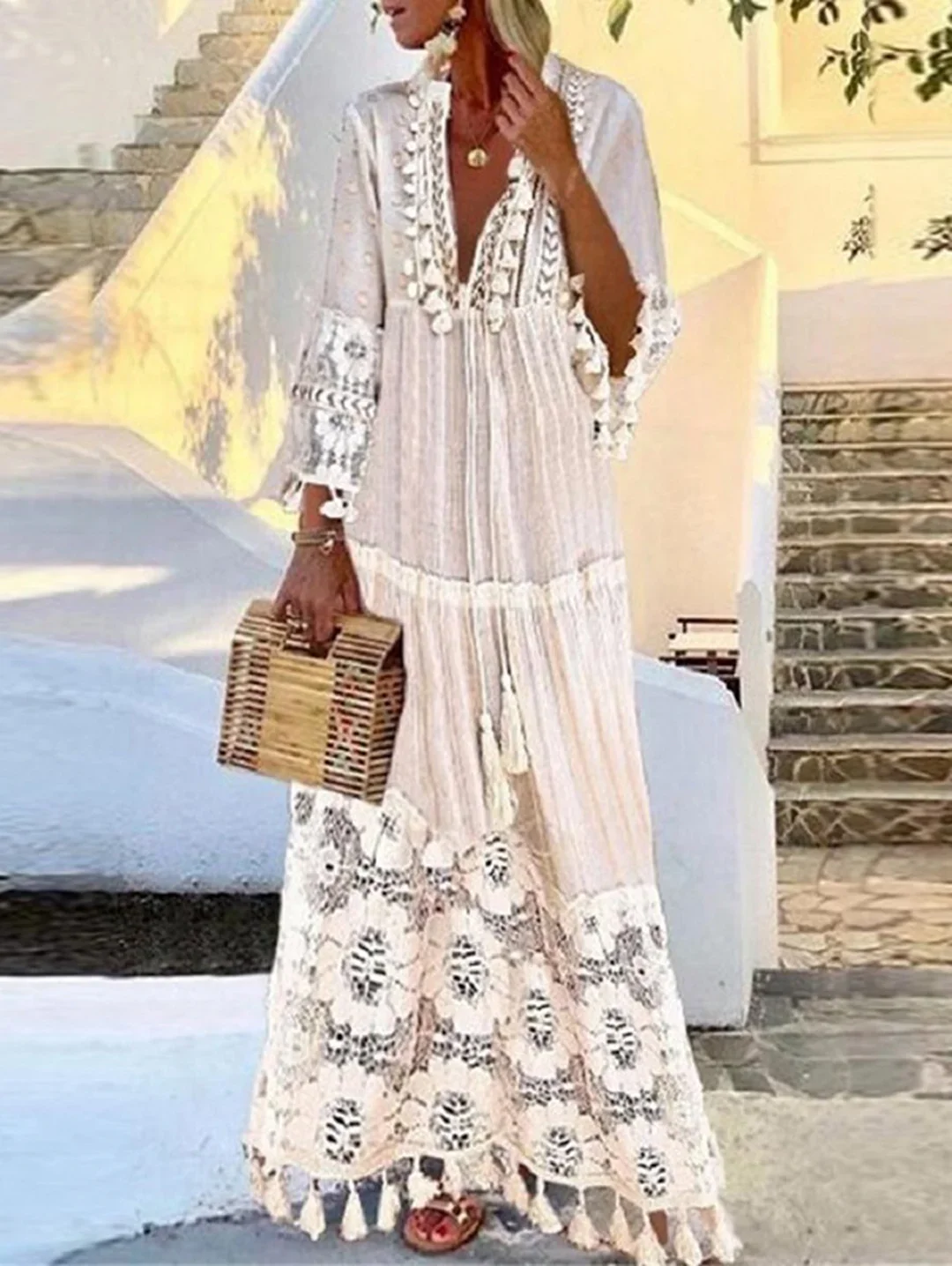 Bohemian Deep V-Neck Lace Fringe Long Dress