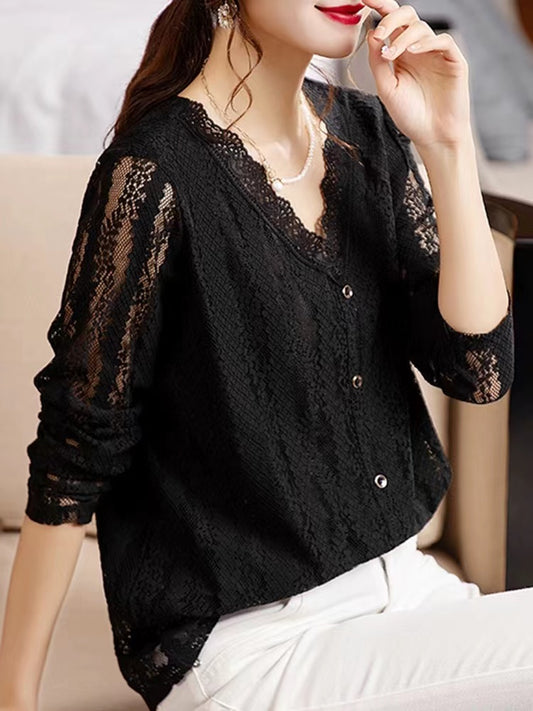 Lace V-Neck Cutout Patchwork Long Sleeve Top