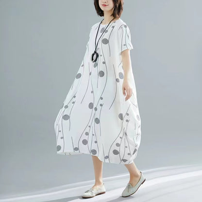 Casual Printed Cotton Linen Tunic Waist Peplum Short Sleeve Dress