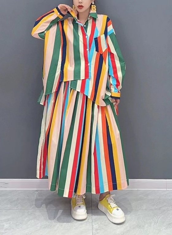 Fashion colorful striped shirt and half skirt two-piece set