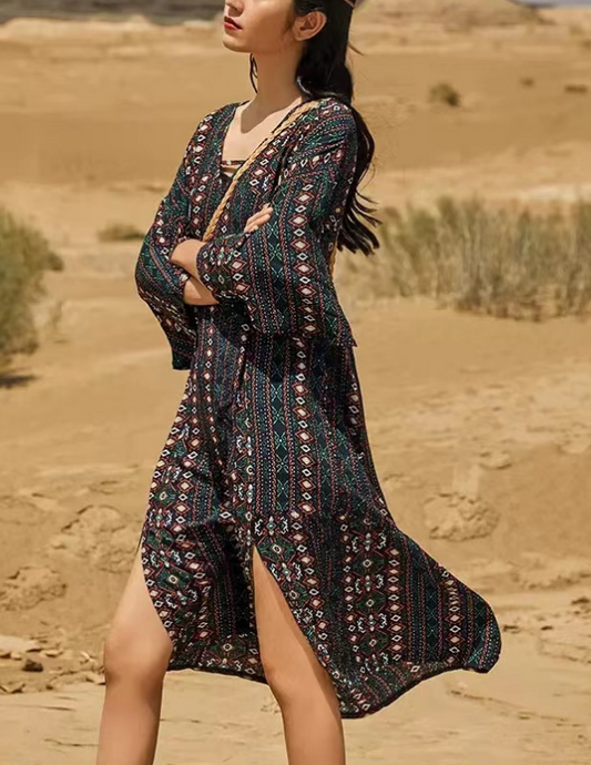 Bohemian V-Neck Printed Beach Short Sleeve Dress