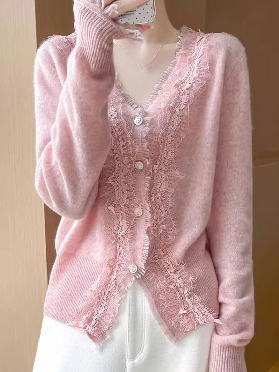 Women's V-Neck Lace Knit Cardigan Spring