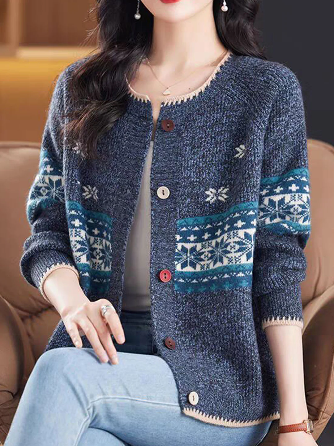 Women's Loose Classic Vintage Crew Neck Knit Cardigan