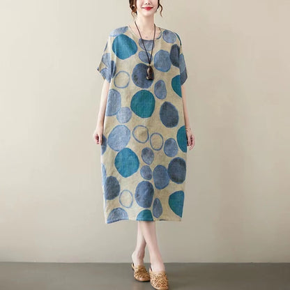 Women's O Neck Crinkle Dot Printed Linen Short Sleeve Maxi Dress