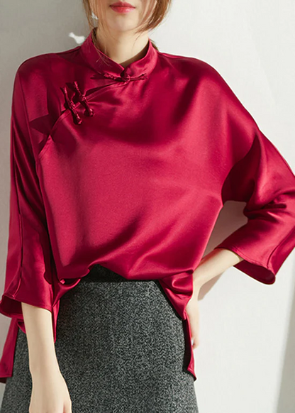 Elegant Standing Collar Side Split Silk Blouse Three-Quarter Top