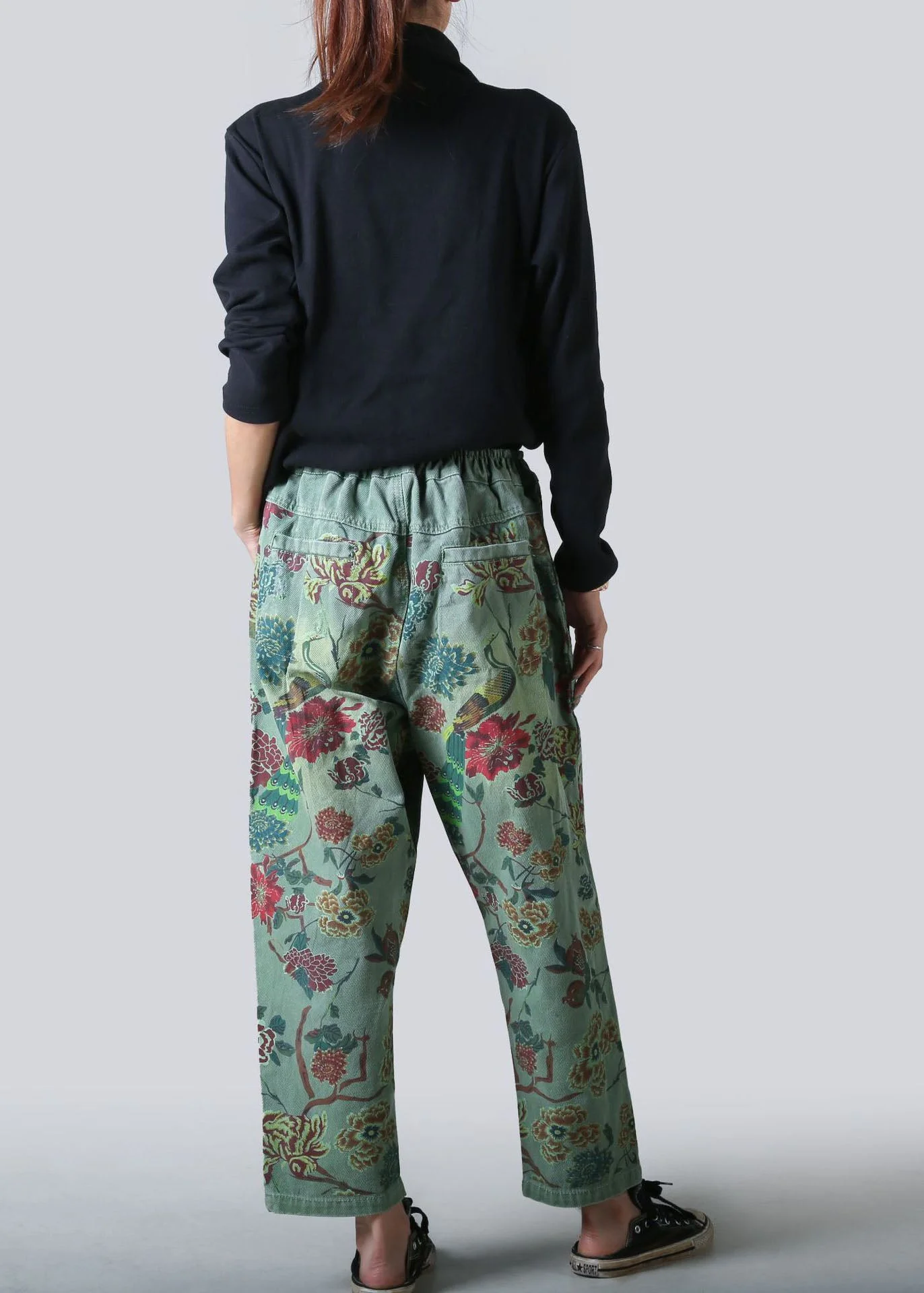 Pocket Printed Trousers Straight Leg Denim Stretch Waist