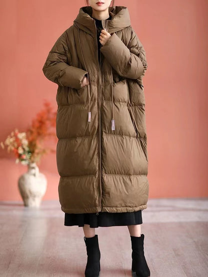 French Loose Drawstring Pocket Duck Down Jacket