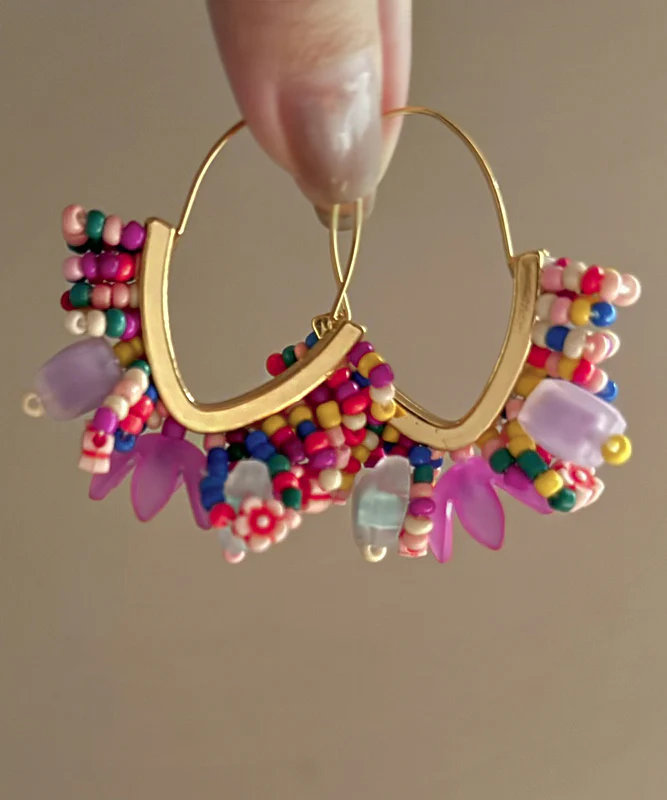 Colourful Rose Sterling Silver Alloy Beaded Hoop Earrings